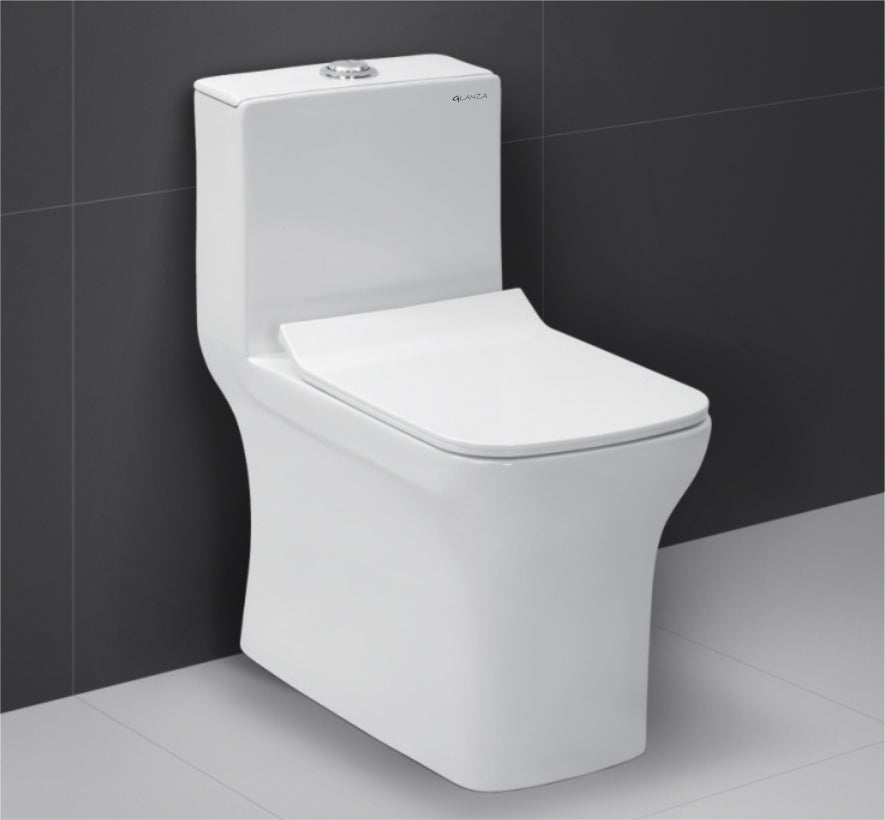 Glanza-One Piece Closet Lumia White (Glossy) | 640x345x710mm | Ceramic Western Toilet/Water Closet | S-Trap-225 mm | Washdown Flushing