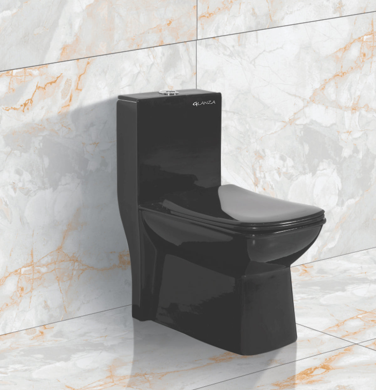 Glanza - Rimless One Piece Closet Lotus Black (Glossy) | 645x345x765mm | Ceramic Western Toilet/Water Closet | Washdown Flushing | S-Trap - 225mm