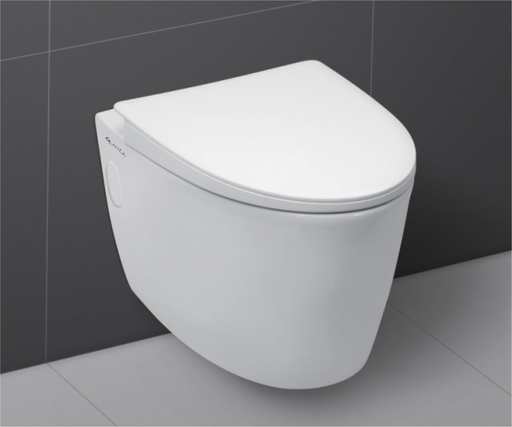 Glanza-Rimless Wall Hung Closet Crystal | 540x375x340mm |Ceramic Rimless  Western Toilet/Water Closet/Wall Mount Commode With Soft Close Toilet Seat - P Trap Outlet Is From Wall