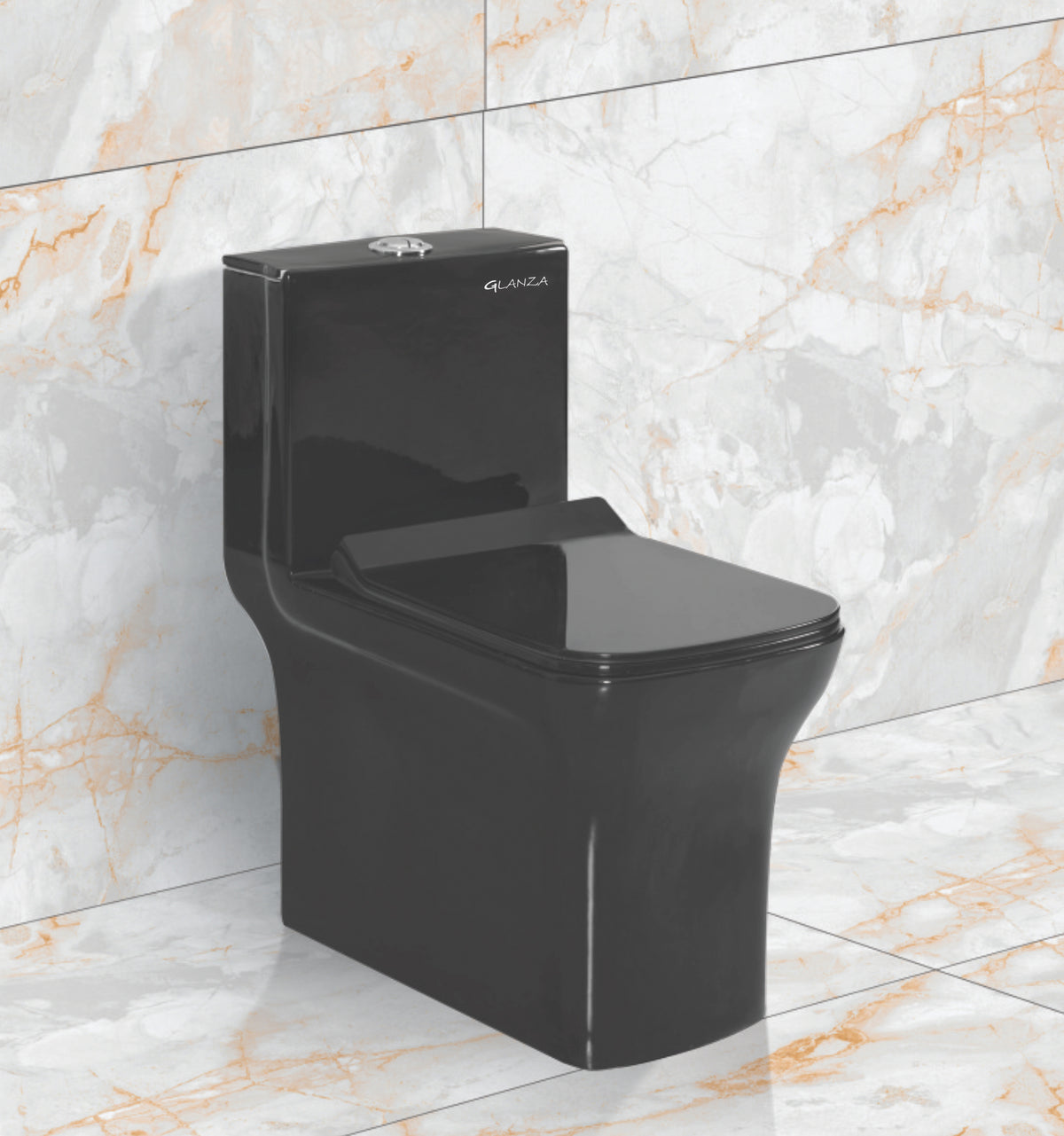 Glanza-One Piece Closet LUMIA BLACK (Glossy) | 640x345x710mm | Ceramic Western Toilet/Water Closet | S-Trap-225 mm | Washdown Flushing