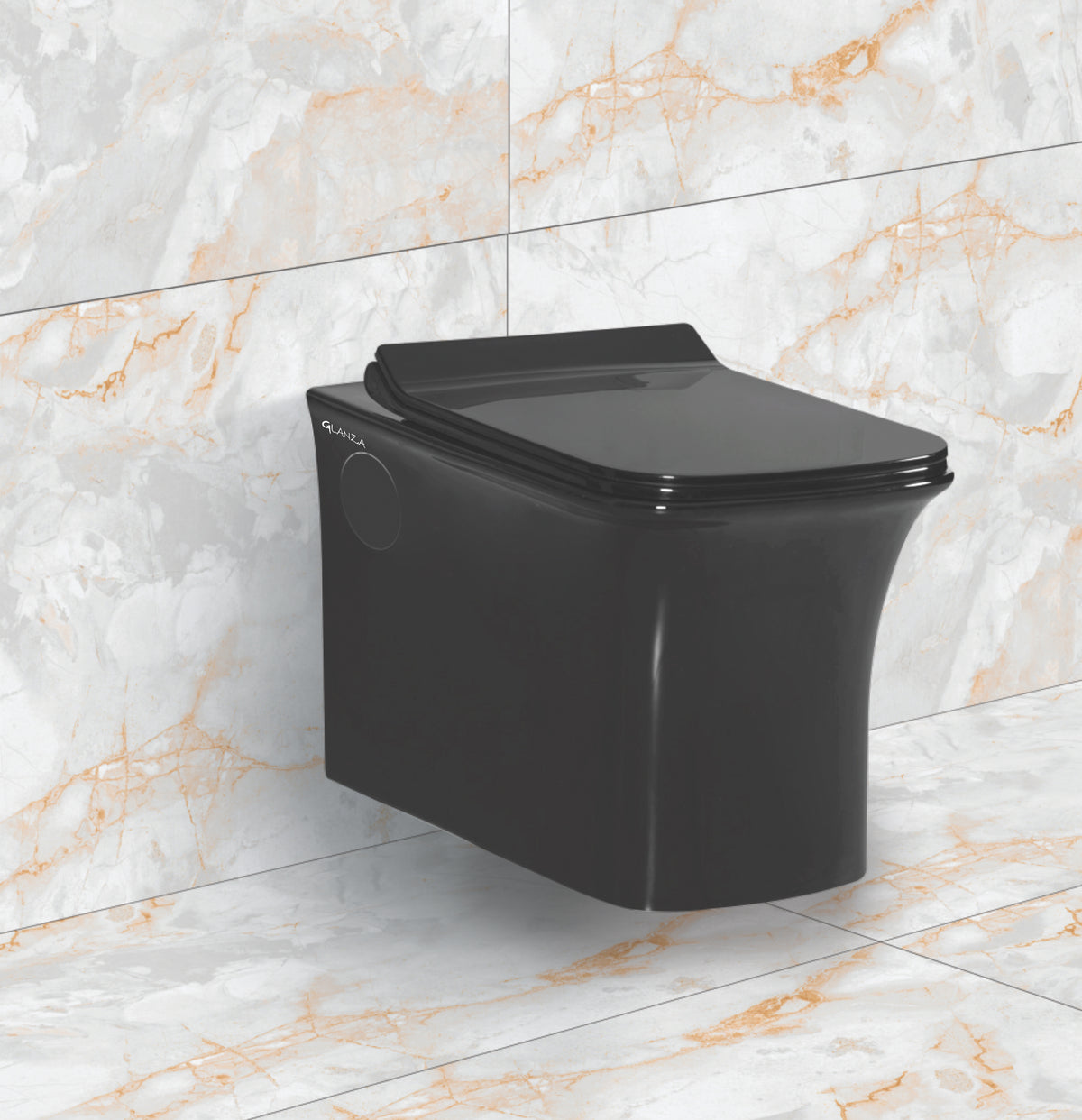 GLANZA SIMONA BLACK (Glossy/Matt) | 645x345x765mm | Ceramic Rimless Wall Hung Western Toilet/Water Closet/Wall Mount Commode With Soft Close Toilet Seat - P Trap Outlet Is From Wall