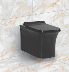 GLANZA SIMONA BLACK (Glossy/Matt) | 645x345x765mm | Ceramic Rimless Wall Hung Western Toilet/Water Closet/Wall Mount Commode With Soft Close Toilet Seat - P Trap Outlet Is From Wall