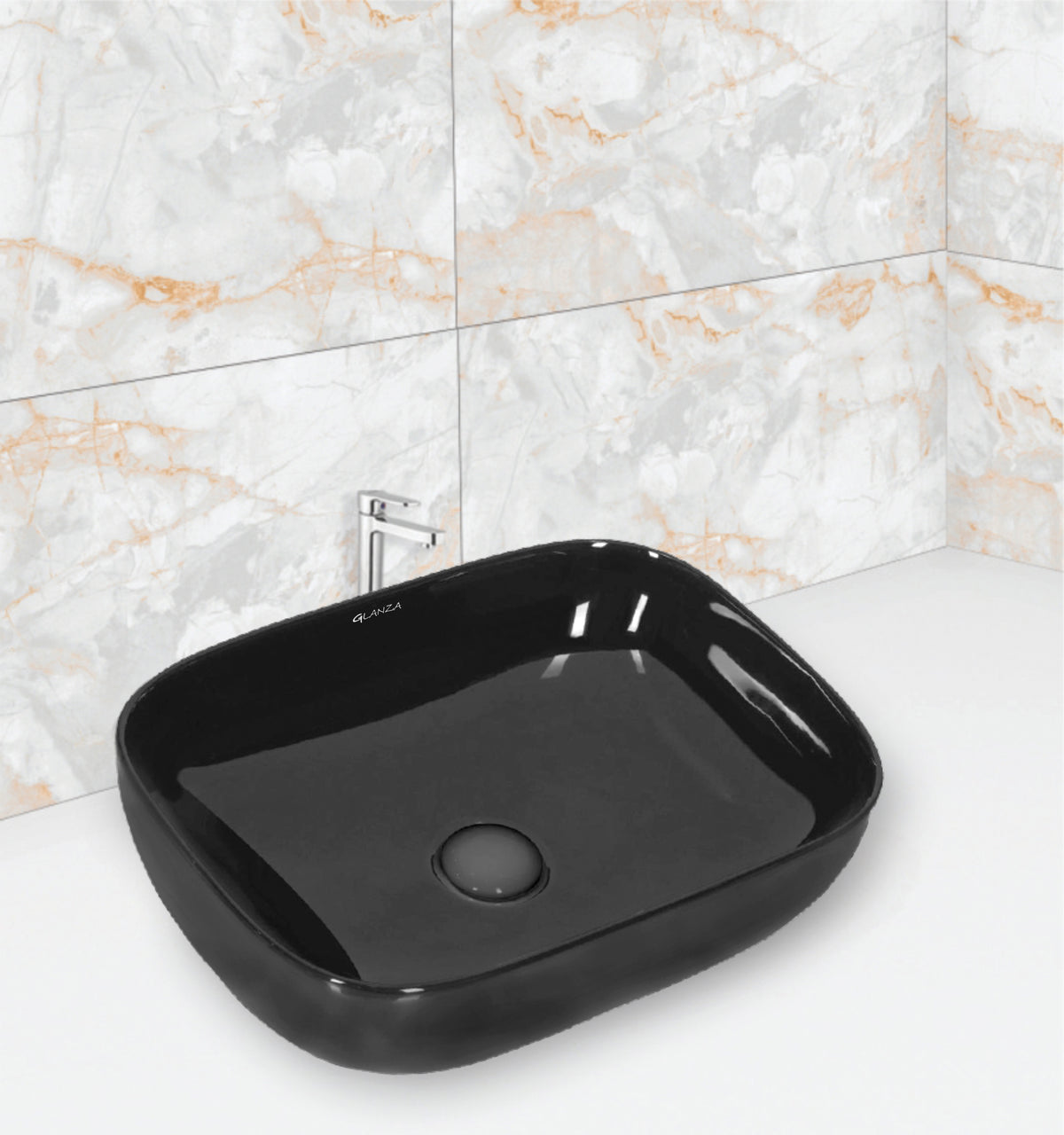 Glanza-Table Top Basin Bettle Black (Glossy) | Table Top Basin | 455x340x130mm | Ceramic wash basin | 450x325x125mm