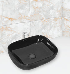 Glanza-Table Top Basin Bettle Black (Glossy) | Table Top Basin | 455x340x130mm | Ceramic wash basin | 450x325x125mm