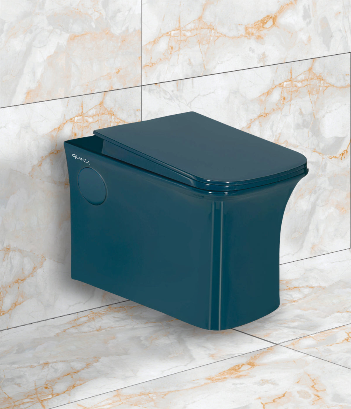 Glanza-Wall Hung Closet Simona Kinetic Blue (Glossy) | 535x355x365mm | Syphonic Flushing | Ceramic Western Toilet/Water Closet